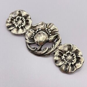 Vintage Sterling Silver‎ Art Nouveau Poppy Flower Brooch Pin Sterling Repousse